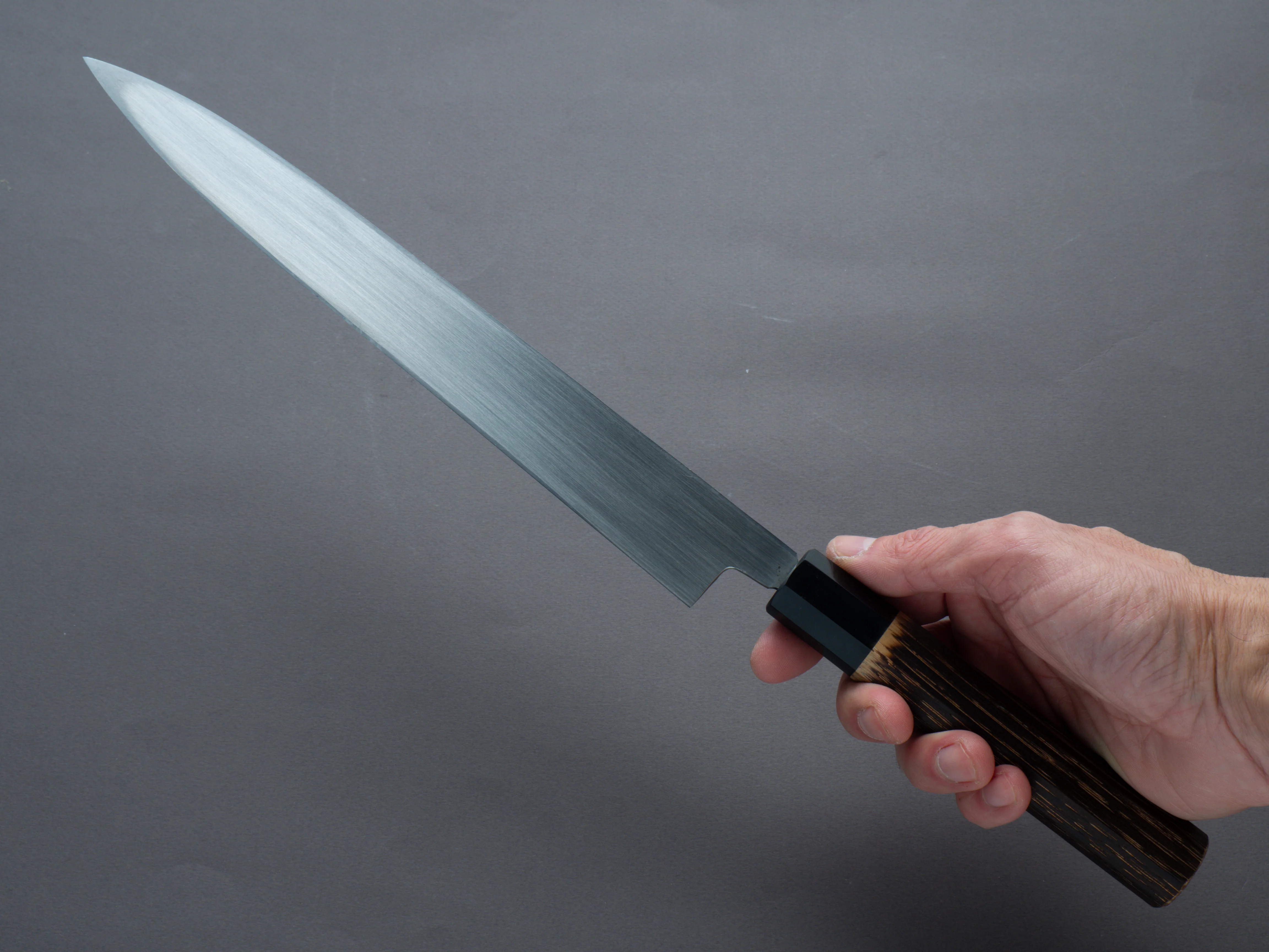 Nakaya Heiji - Semi-Stainless - Migaki - 300mm Yanagiba - Burnt Chestnut Handle - Image 6