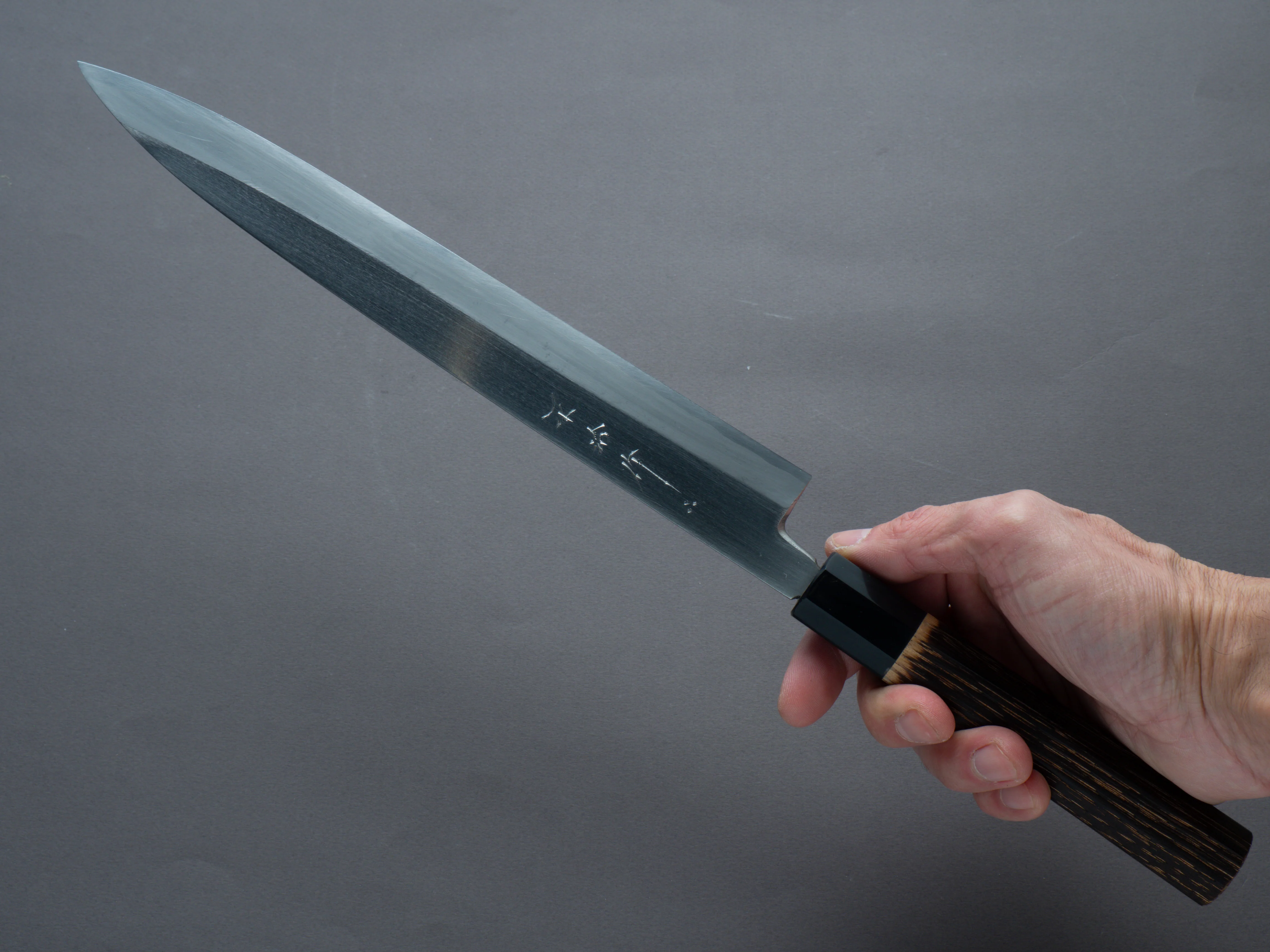 Nakaya Heiji - Semi-Stainless - Migaki - 300mm Yanagiba - Burnt Chestnut Handle - Image 7