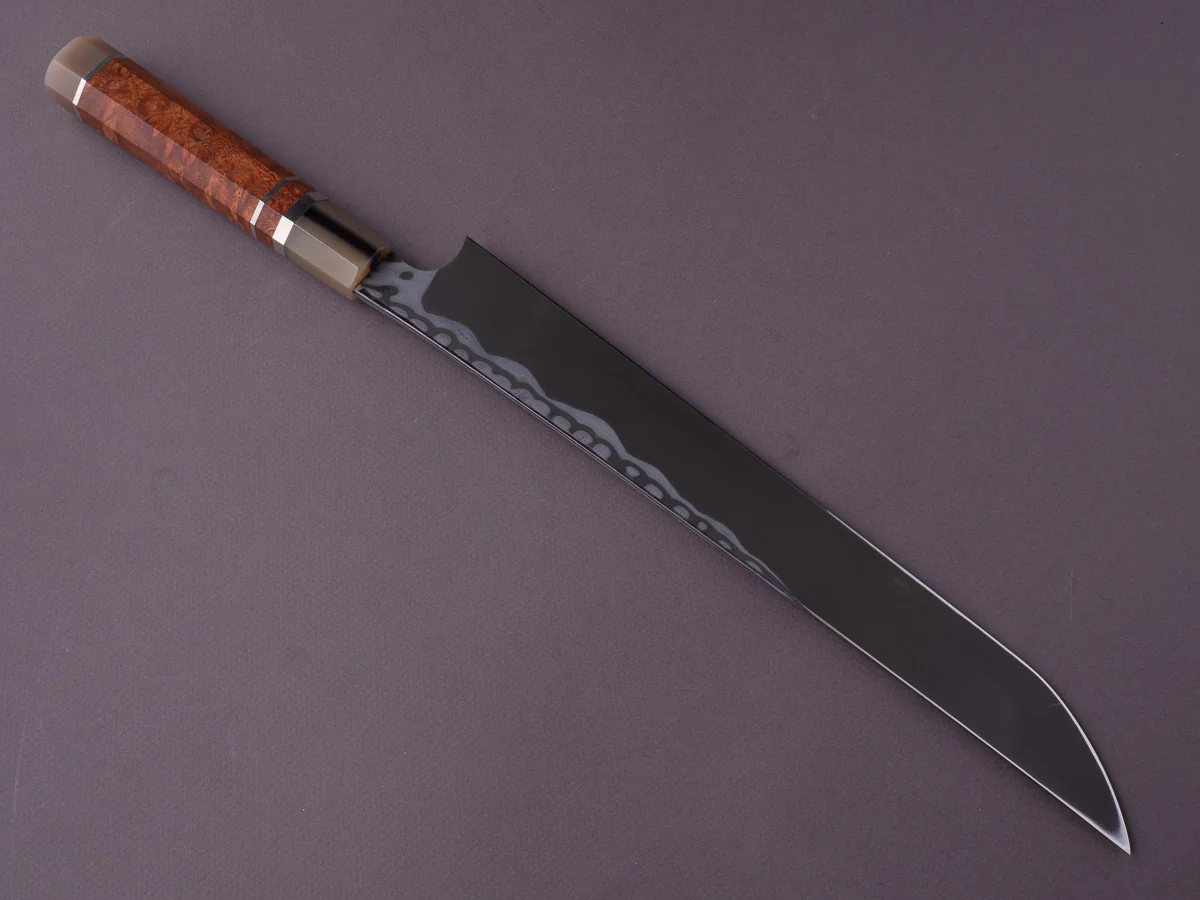 Nigara Hamono - Blue #2 Damascus - 300mm Sakimaru Yanagiba - Karin Burl w/ Double Blonde Horn & Triple Nickel Spacer Handle - Image 3