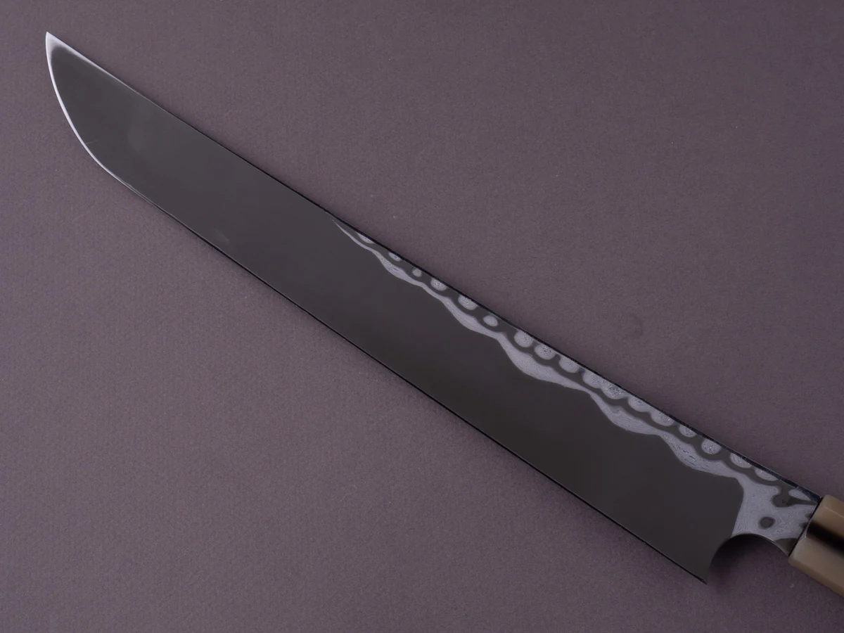 Nigara Hamono - Blue #2 Damascus - 300mm Sakimaru Yanagiba - Karin Burl w/ Double Blonde Horn & Triple Nickel Spacer Handle - Image 5