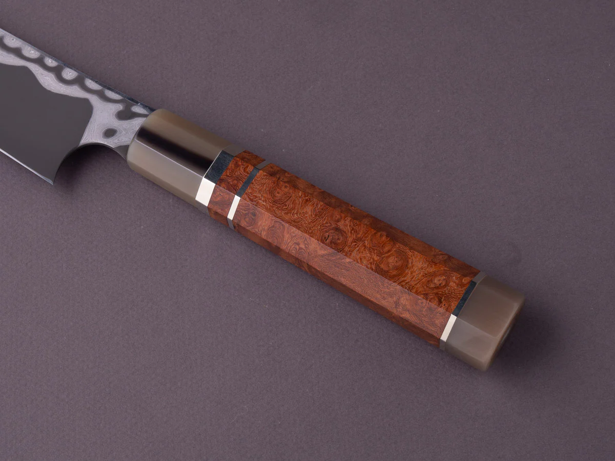 Nigara Hamono - Blue #2 Damascus - 300mm Sakimaru Yanagiba - Karin Burl w/ Double Blonde Horn & Triple Nickel Spacer Handle - Image 6