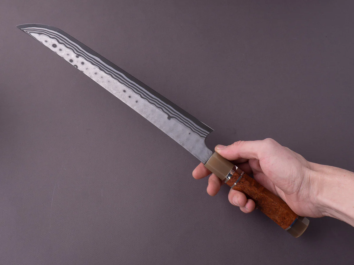 Nigara Hamono - Blue #2 Damascus - 300mm Sakimaru Yanagiba - Karin Burl w/ Double Blonde Horn & Triple Nickel Spacer Handle - Image 8