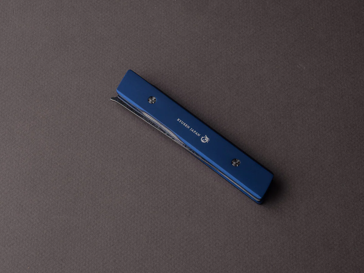 Ryusen - SK07 - Single Bevel Folding Steak Knife - Coreless Damascus - Sapphire Blue Handle w/ Blue Stitch Leather Case - Image 12