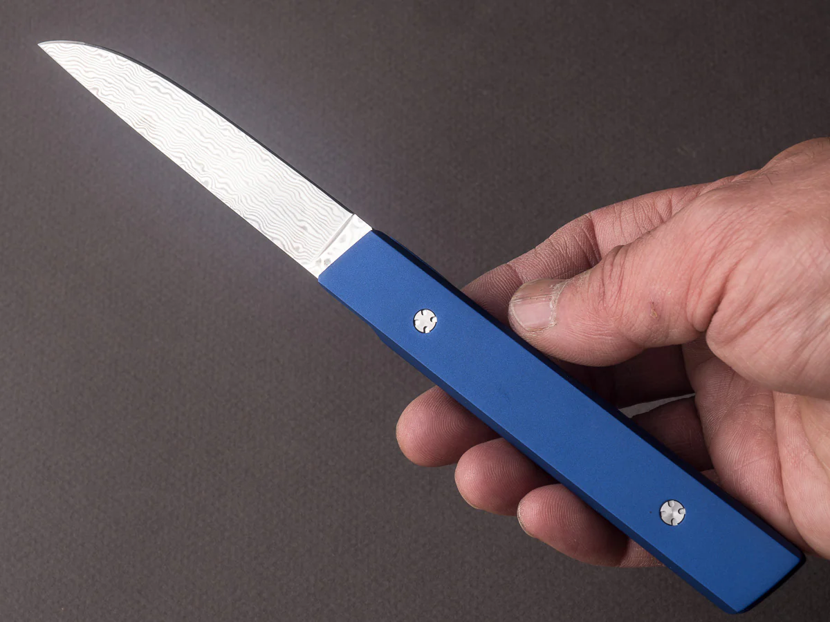Ryusen - SK07 - Single Bevel Folding Steak Knife - Coreless Damascus - Sapphire Blue Handle w/ Blue Stitch Leather Case - Image 5