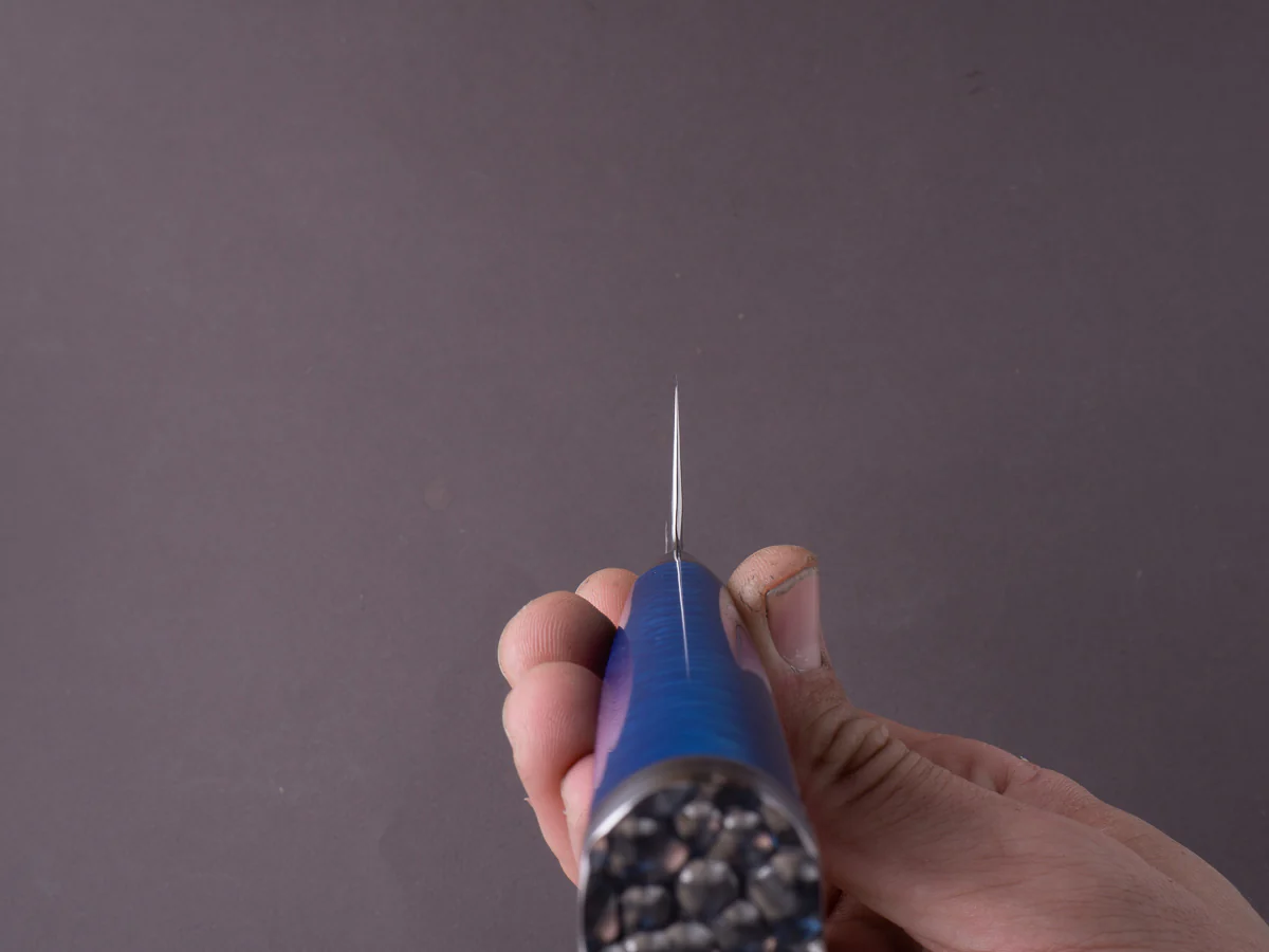 Ryusen - SOURYURIN - VG10W - Tsuchime Damascus - 175mm - Bunka - Blue Poly Resin Hybrid Handle - Image 9