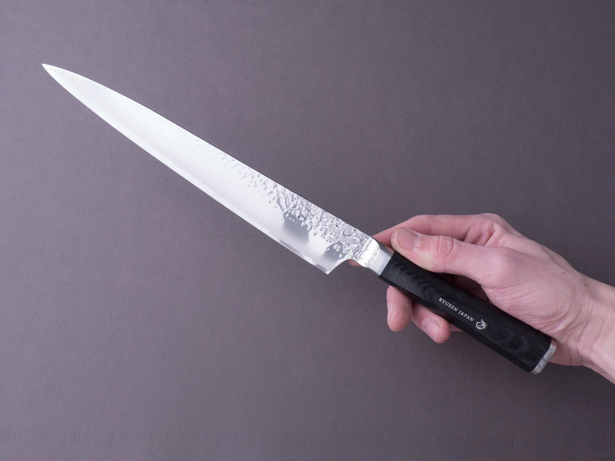 RYUSEN - TANGANRYU - VG10 - Tsuchime Damascus - Sujihiki - 240mm - Micarta Hybrid Handle - Image 10