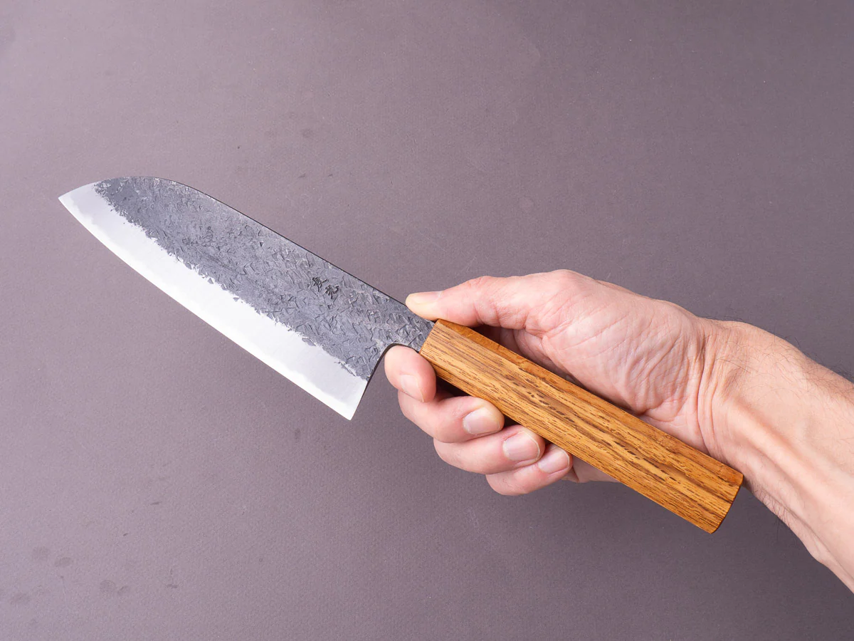 Sakai Kikumori - MK - Blue #2 - Kurouchi Tsuchime - Santoku - 170mm - Oak Handle - Image 6