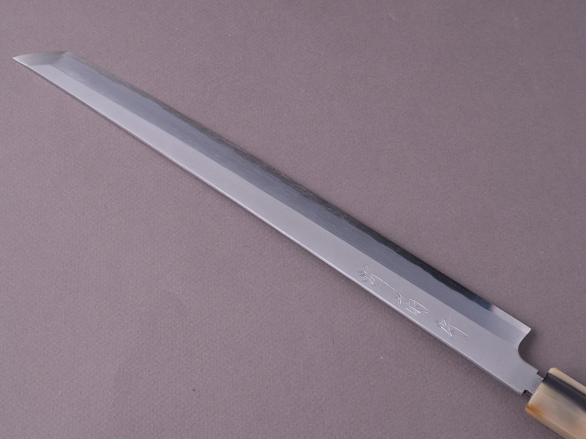 Sakai Kikumori - Super Blue - Kasumi - 300mm Sakimaru Takobiki - Rosewood & Blonde Horn Handle - Image 3