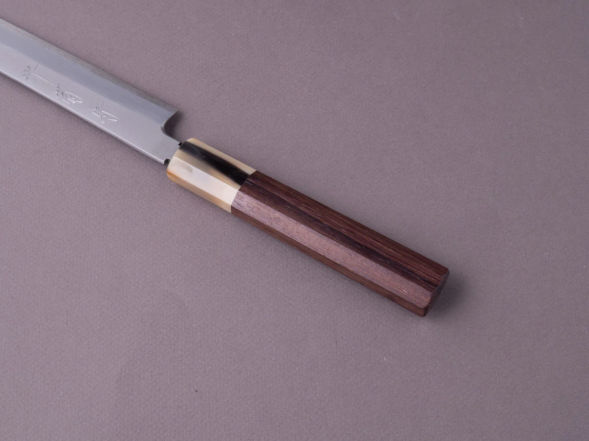 Sakai Kikumori - Super Blue - Kasumi - 300mm Sakimaru Takobiki - Rosewood & Blonde Horn Handle - Image 5