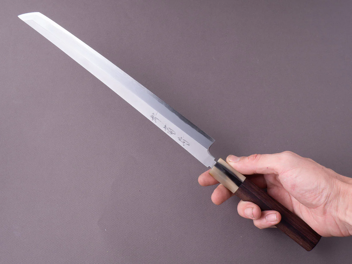 Sakai Kikumori - Super Blue - Kasumi - 300mm Sakimaru Takobiki - Rosewood & Blonde Horn Handle - Image 7