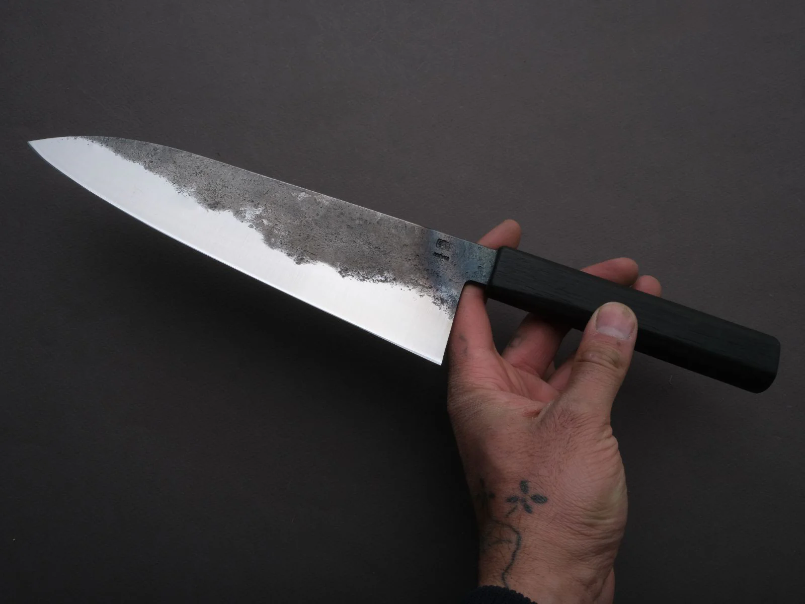 SOFTCUT - 80CrV2 Carbon - Kurouchi - 200mm Gyuto - Charred Oak Handle - Image 3