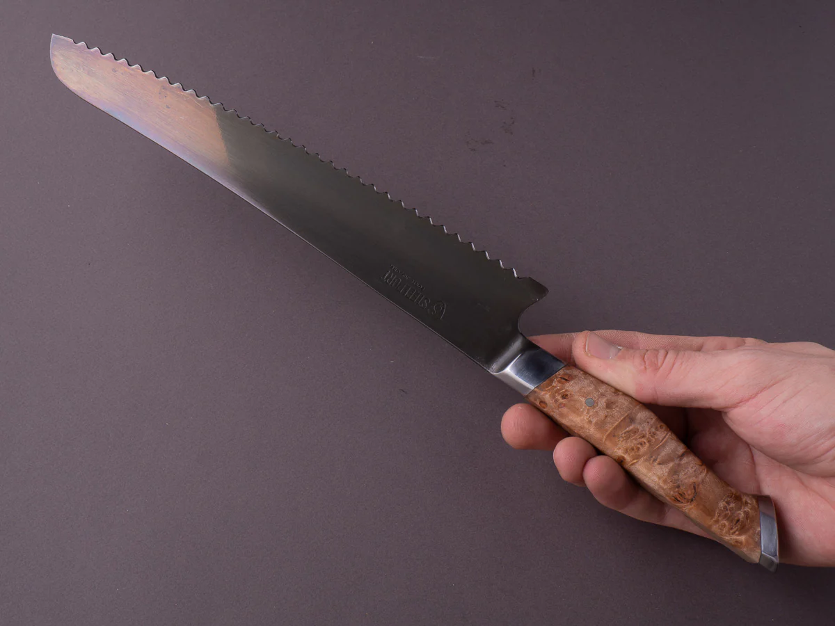 STEELPORT Knife Co. - 52100 Differentially Hardened - 10" Bread Knife - Integral Bolster Maple Burl Handle - Image 7