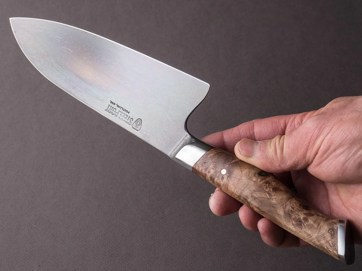 STEELPORT Knife Co. - 52100 Differentially Hardened - 6" Chef Knife - Integral Bolster Maple Burl Handle - Image 5
