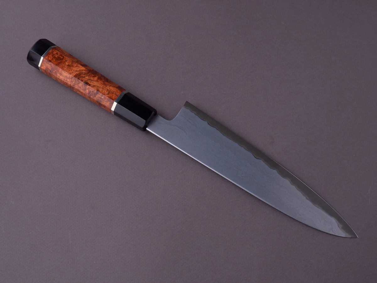 Tetsujin - Metal Flow - Blue #2 - 210mm Gyuto - Karin Wood Handle w/ Double Black Horn & 2 Nickel Silver Spacers - Image 4