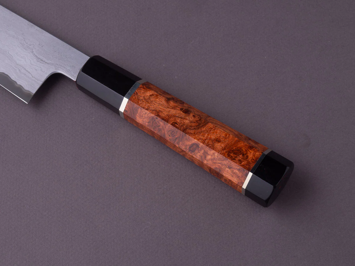 Tetsujin - Metal Flow - Blue #2 - 210mm Gyuto - Karin Wood Handle w/ Double Black Horn & 2 Nickel Silver Spacers - Image 7