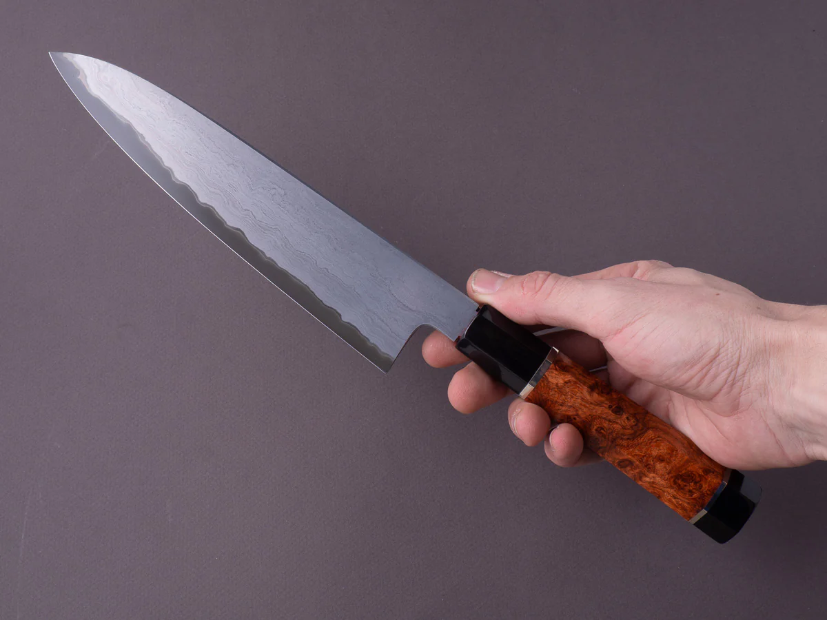 Tetsujin - Metal Flow - Blue #2 - 210mm Gyuto - Karin Wood Handle w/ Double Black Horn & 2 Nickel Silver Spacers - Image 8