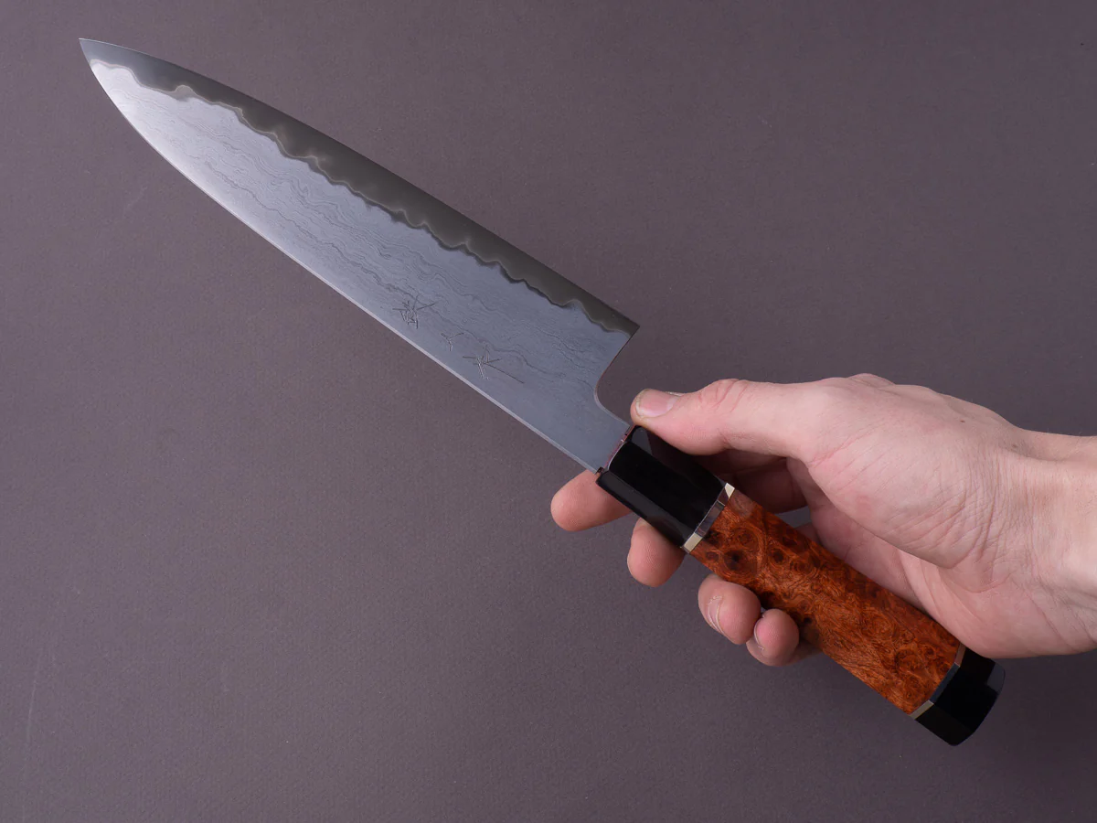 Tetsujin - Metal Flow - Blue #2 - 210mm Gyuto - Karin Wood Handle w/ Double Black Horn & 2 Nickel Silver Spacers - Image 9