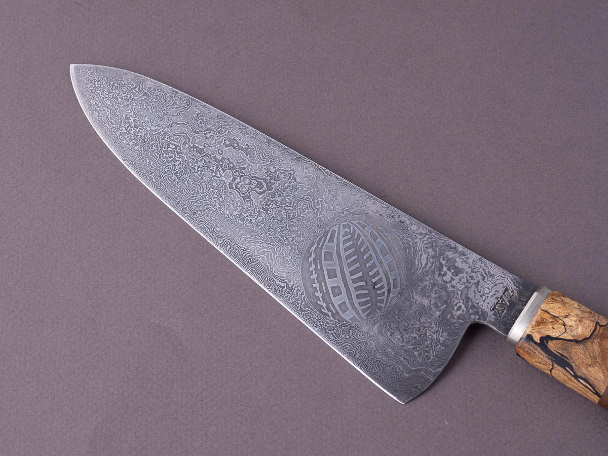 Zay Knives - 1084 & 15N20 Coreless Damascus - 180mm Chef Knife w/ Jason Morrissey Mosaic Plug - Maple & Walnut Handle - Image 4