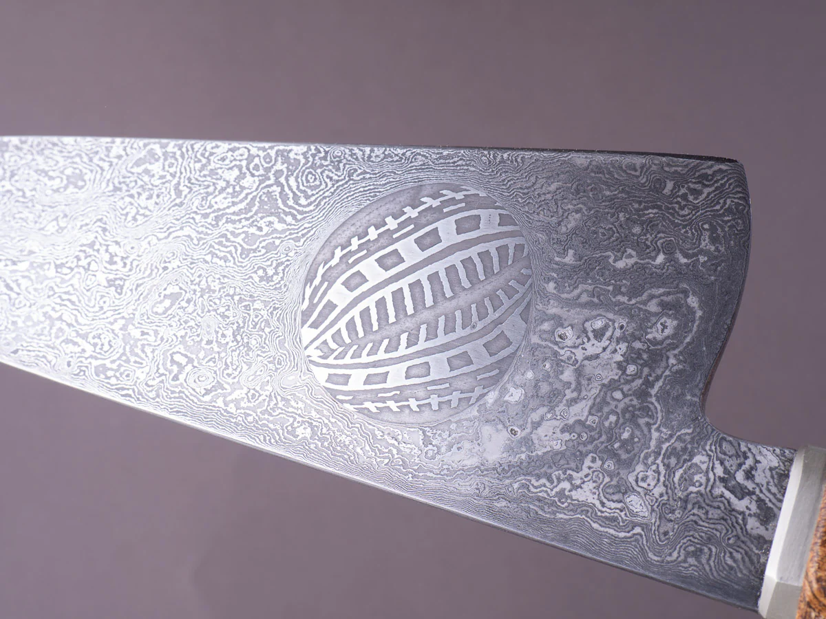 Zay Knives - 1084 & 15N20 Coreless Damascus - 180mm Chef Knife w/ Jason Morrissey Mosaic Plug - Maple & Walnut Handle - Image 6