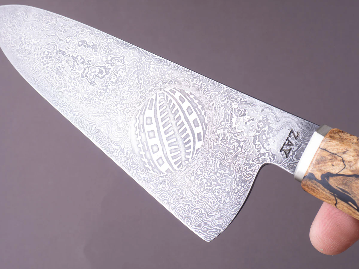 Zay Knives - 1084 & 15N20 Coreless Damascus - 180mm Chef Knife w/ Jason Morrissey Mosaic Plug - Maple & Walnut Handle - Image 8
