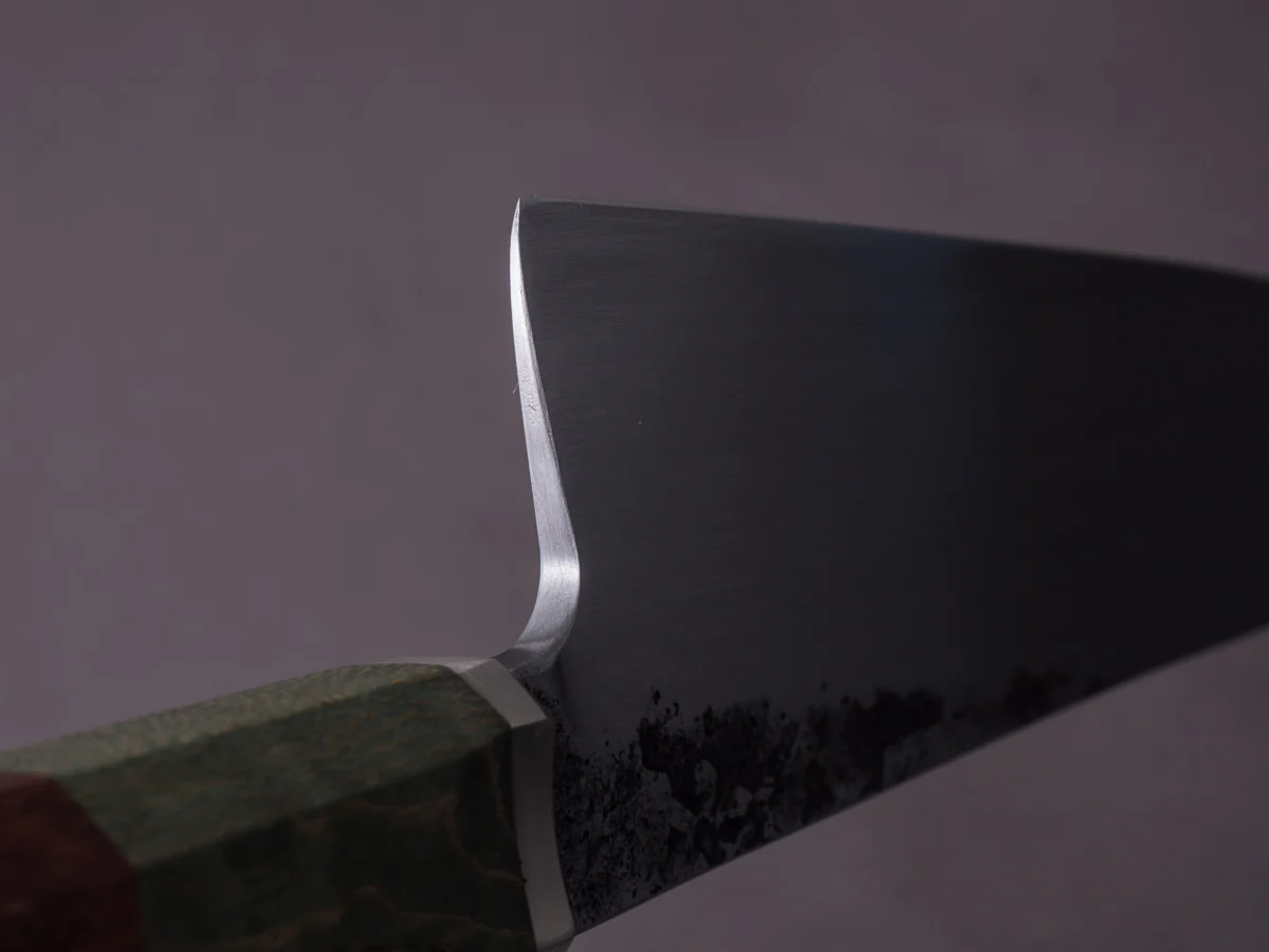 Zay Knives - 1084 Carbon - 160mm Honesuki - Dyed & Stabilized Curly Maple Handle - Image 10
