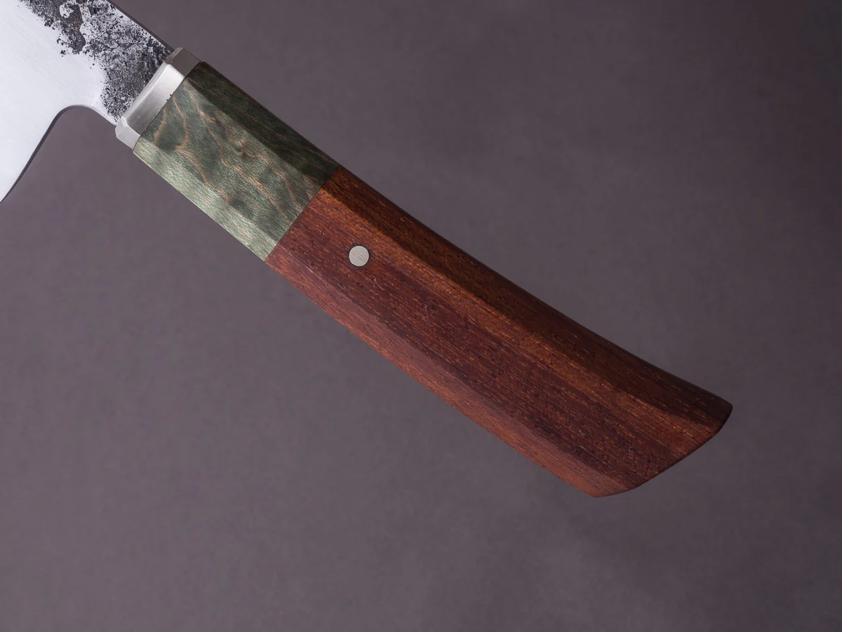 Zay Knives - 1084 Carbon - 160mm Honesuki - Dyed & Stabilized Curly Maple Handle - Image 5