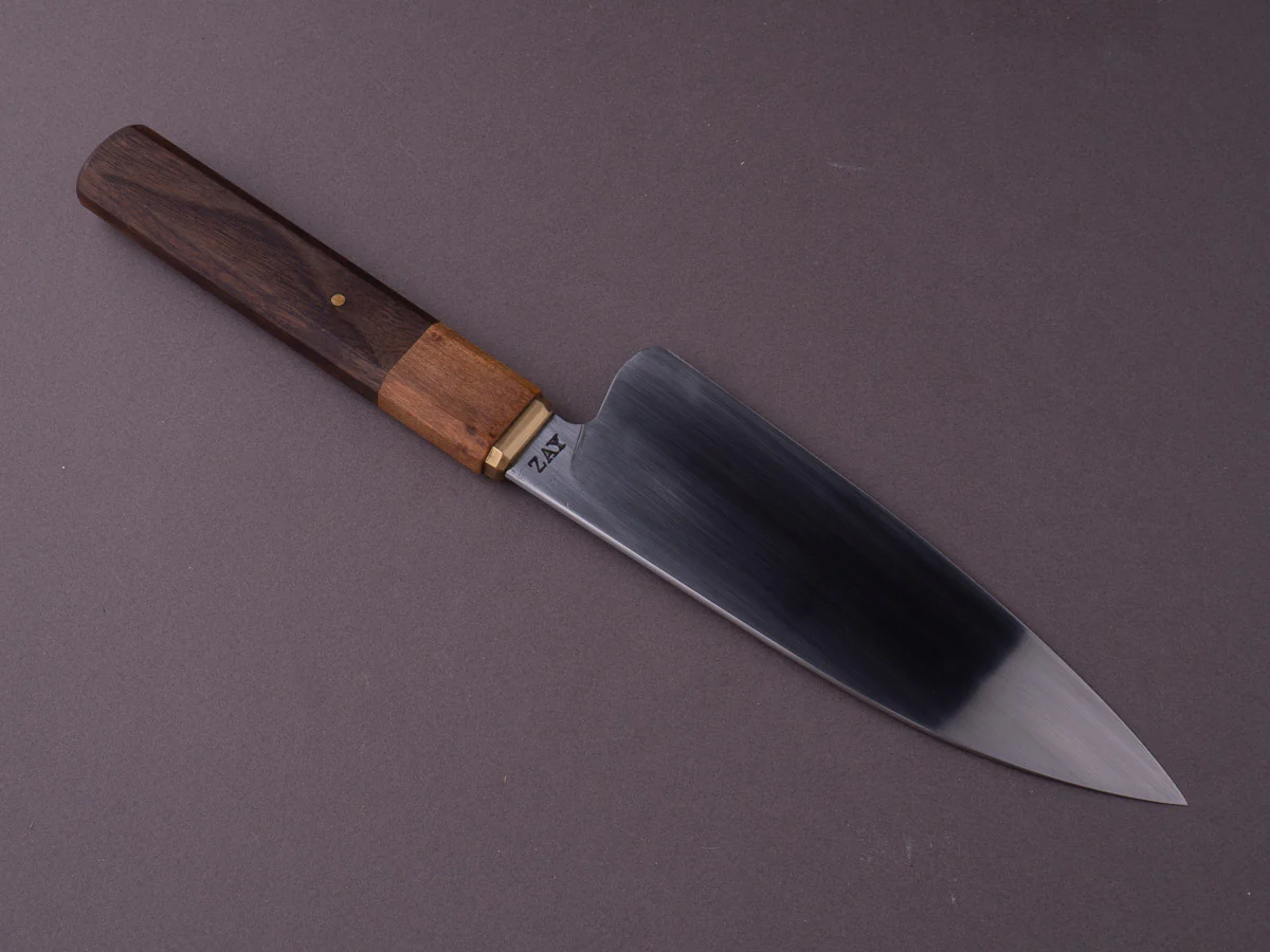 Zay Knives - 1084 Carbon - 165mm Chef - Brass Bolster, Maple & Walnut Handle - Image 3