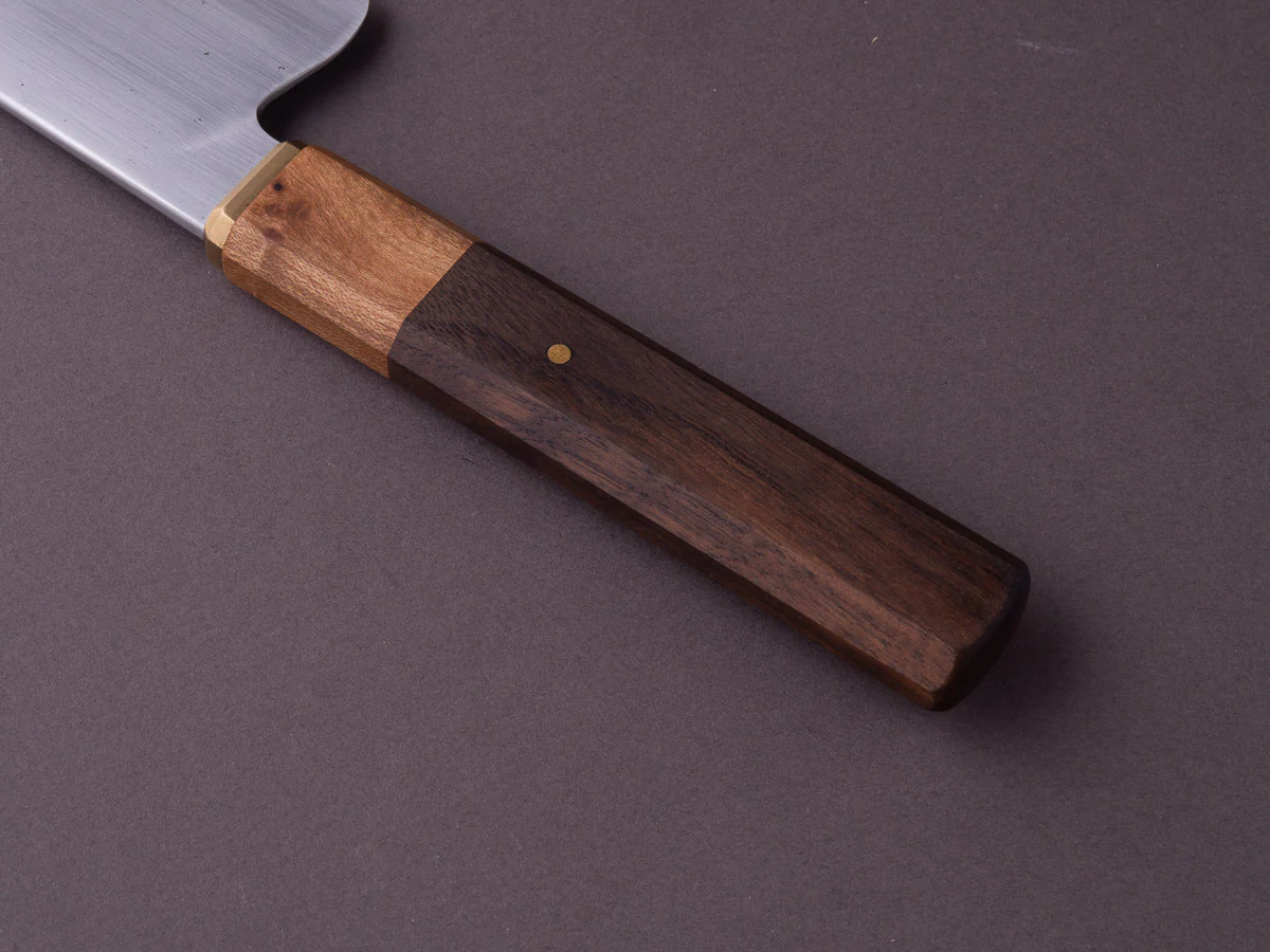 Zay Knives - 1084 Carbon - 165mm Chef - Brass Bolster, Maple & Walnut Handle - Image 6