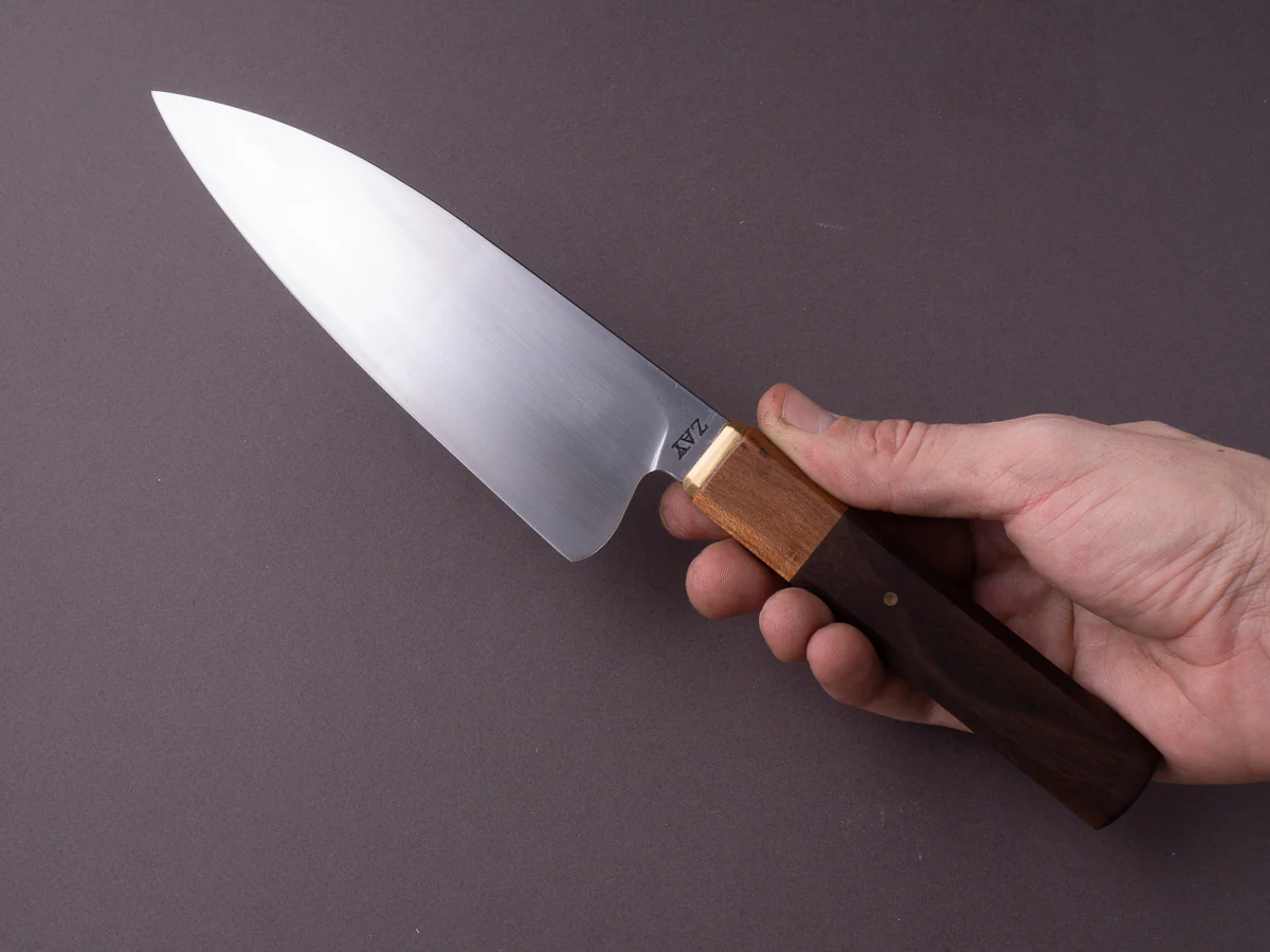 Zay Knives - 1084 Carbon - 165mm Chef - Brass Bolster, Maple & Walnut Handle - Image 7