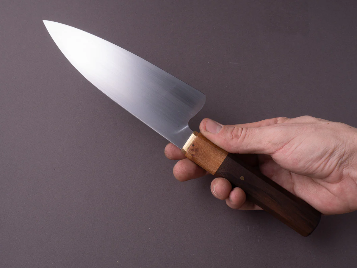 Zay Knives - 1084 Carbon - 165mm Chef - Brass Bolster, Maple & Walnut Handle - Image 8