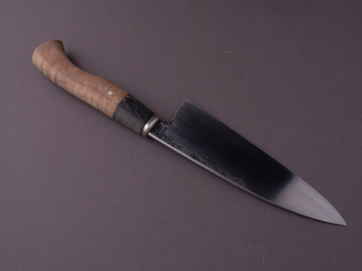 Zay Knives - 1084 Carbon - 165mm Chef - Curley Maple & Black Dyed Maple Handle - Image 6