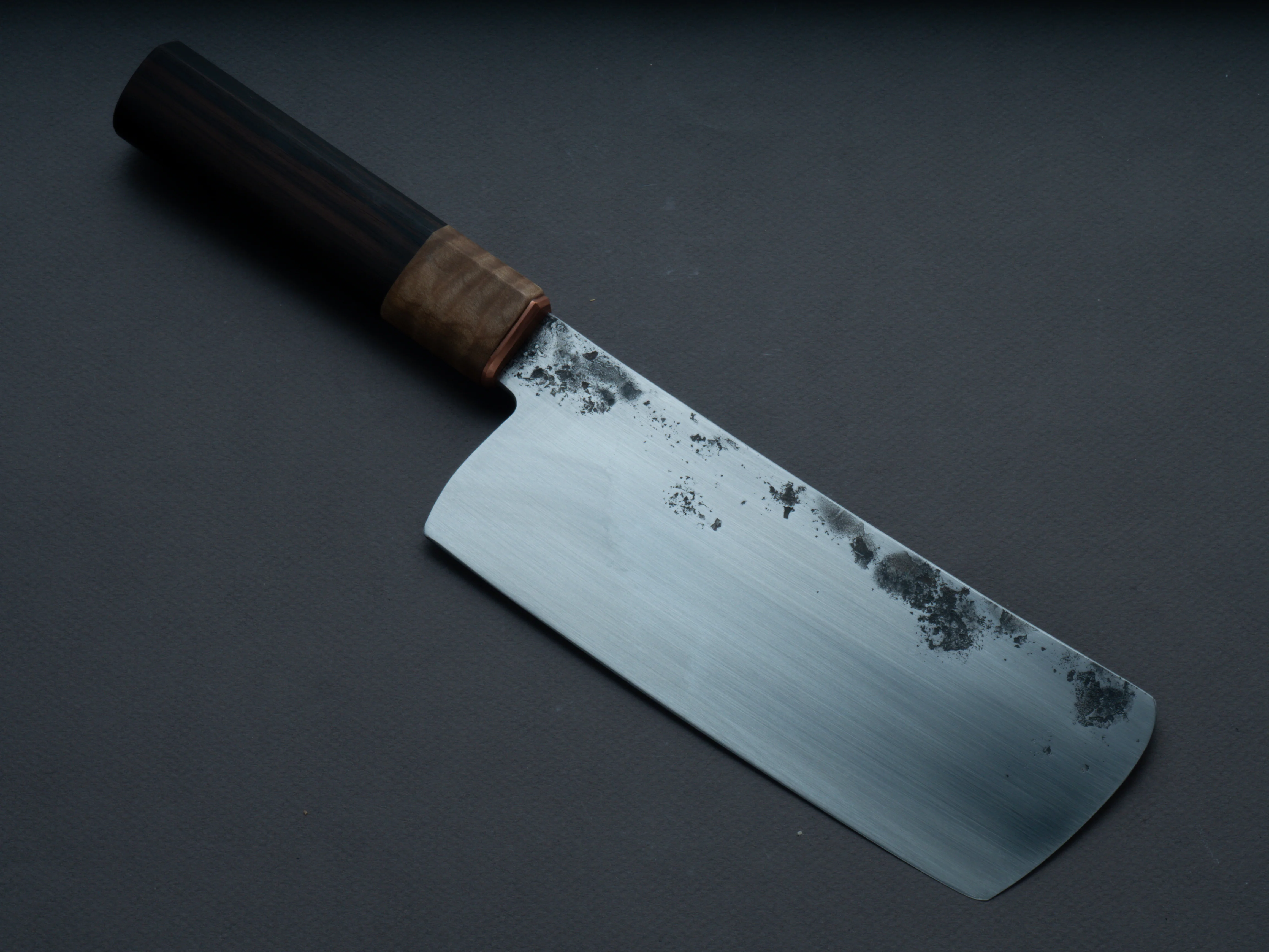 Zay Knives - 1084 - Kurouchi - 165mm - Nakiri - Ebony & Curly Maple/Copper